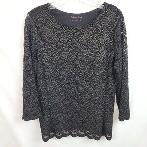 Coldwater Creek L Top Shirt Black Gold Lace Scoop Neck 3/4 Sleeve Lined Stretchy